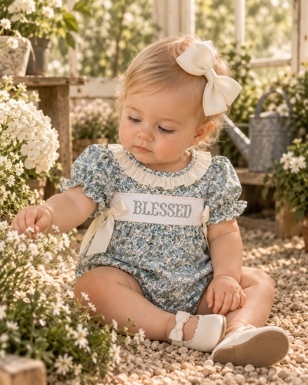 Blue floral bubble romper with "Blessed" embroidery and cream bow straps