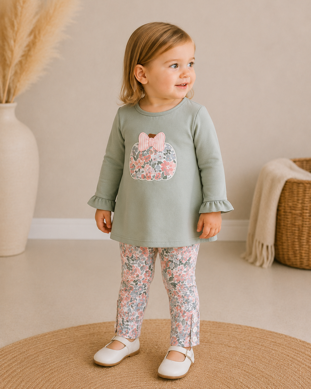 A toddler girl wearing a sage green long-sleeve tunic top with a pink floral bunny applique on the chest, paired with matching floral leggings and white shoes, standing on a round woven rug in a softly decorated room.