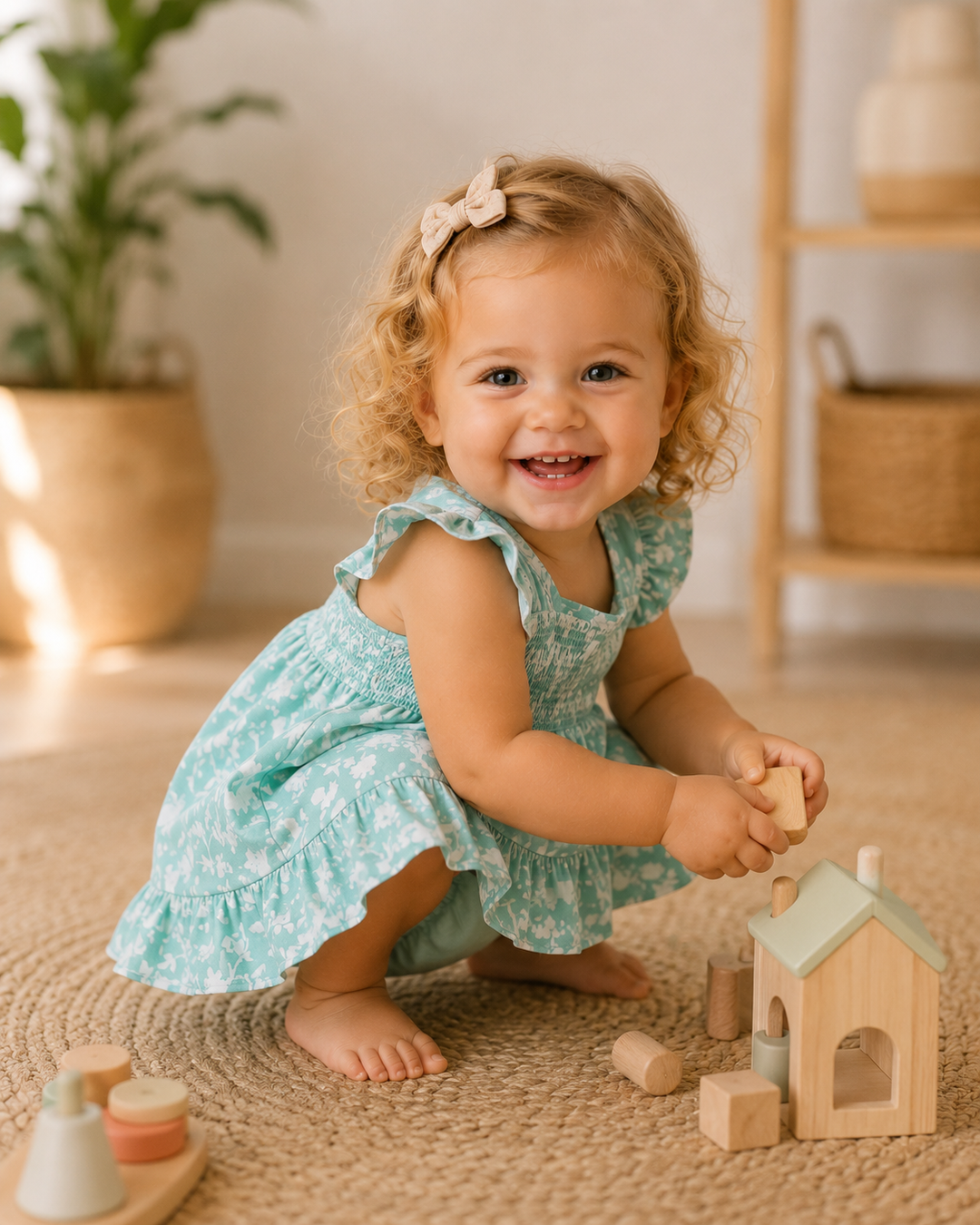 Child in a light blue dress playing with wooden toys on a beige carpet.