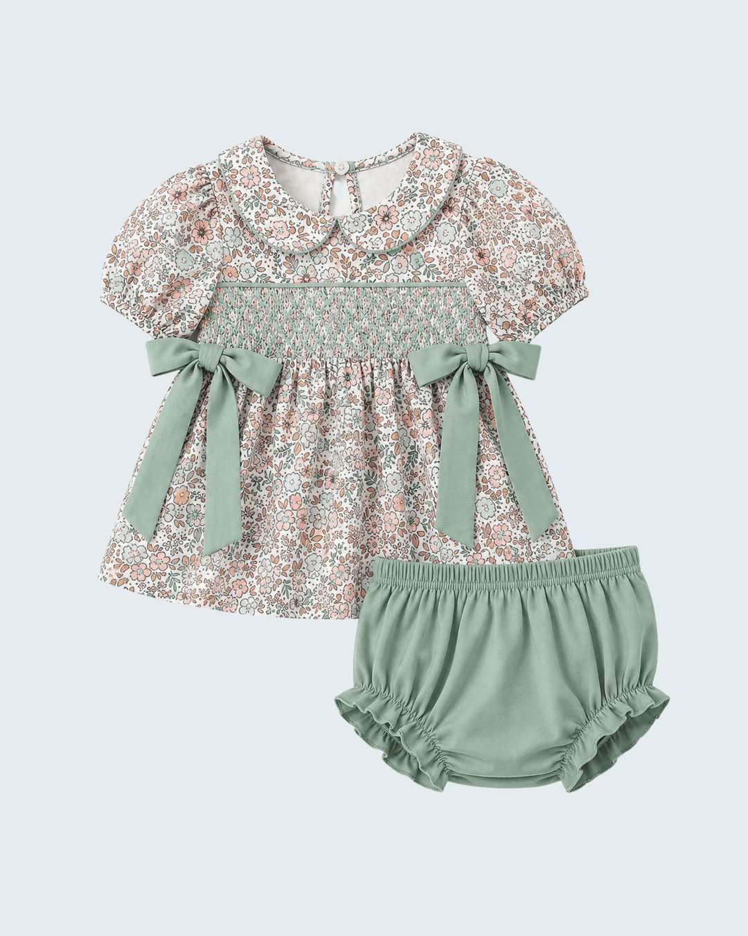 Floral smocked dress and sage bloomer set with side bow ties and short sleeves