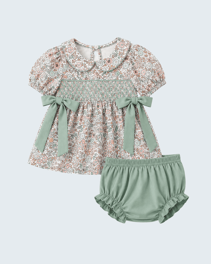 Floral smocked dress and sage bloomer set with side bow ties and short sleeves
