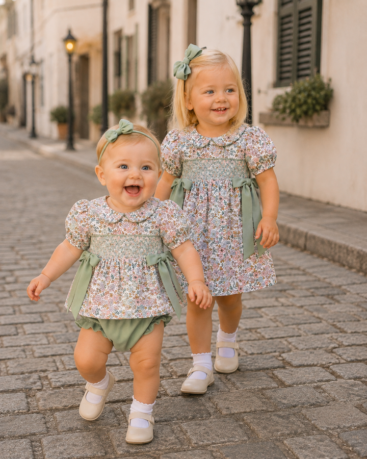 Floral smocked bloomer set with sage bow shoulder accents and matching bloomers