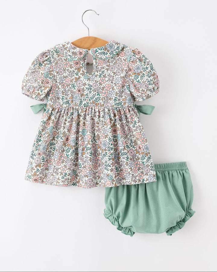 Girls floral smocked dress top with puff sleeves and sage bloomers