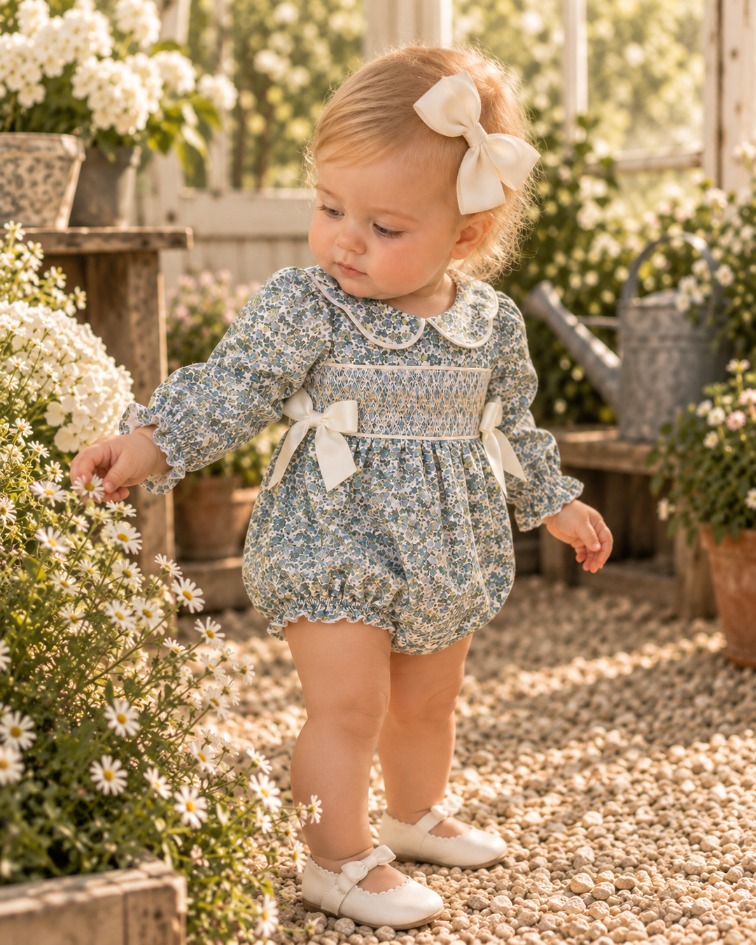Baby wearing blue floral smocked bubble romper with shoulder bows and long sleeves
