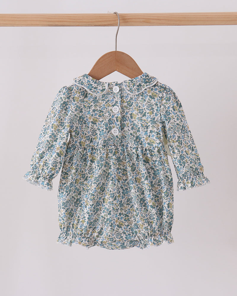 Blue floral long-sleeve smocked bubble romper with front button placket