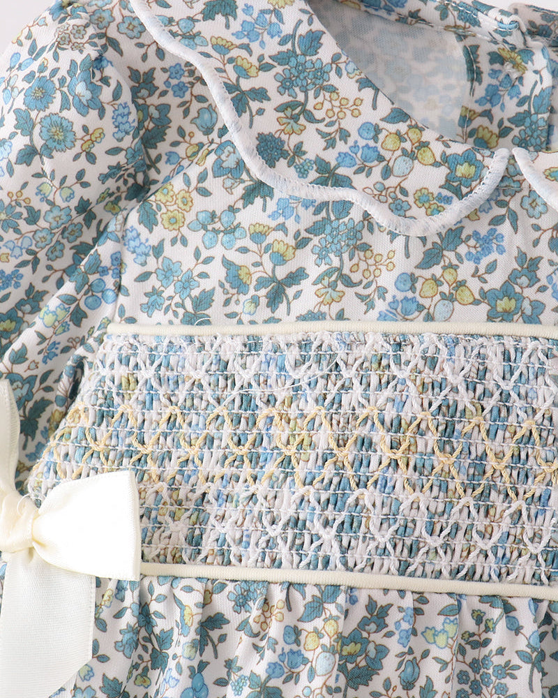 Floral smocked bubble romper with white Peter Pan collar