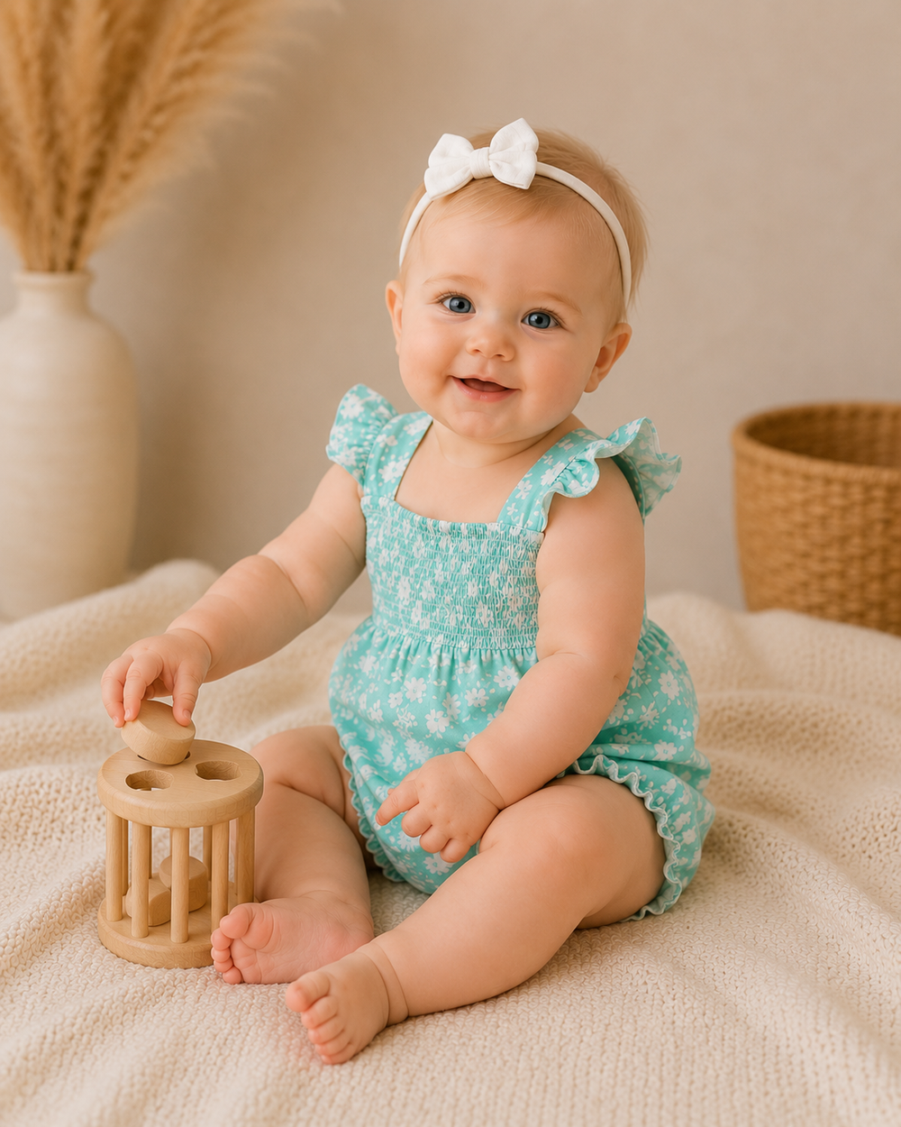 Baby in a teal romper with ruffles sitting on a beige blanket, holding a wooden toy.