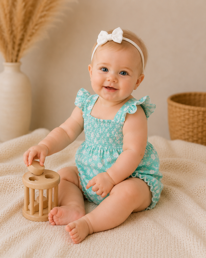 Baby in a teal romper with ruffles sitting on a beige blanket, holding a wooden toy.