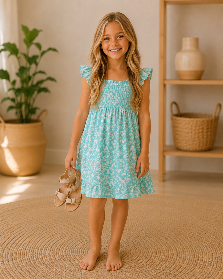 Young girl in a turquoise dress standing in a room with a plant and shelves.