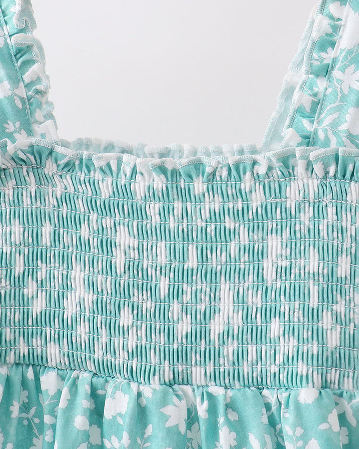 Close-up of a turquoise floral dress with ruffled details on a white background