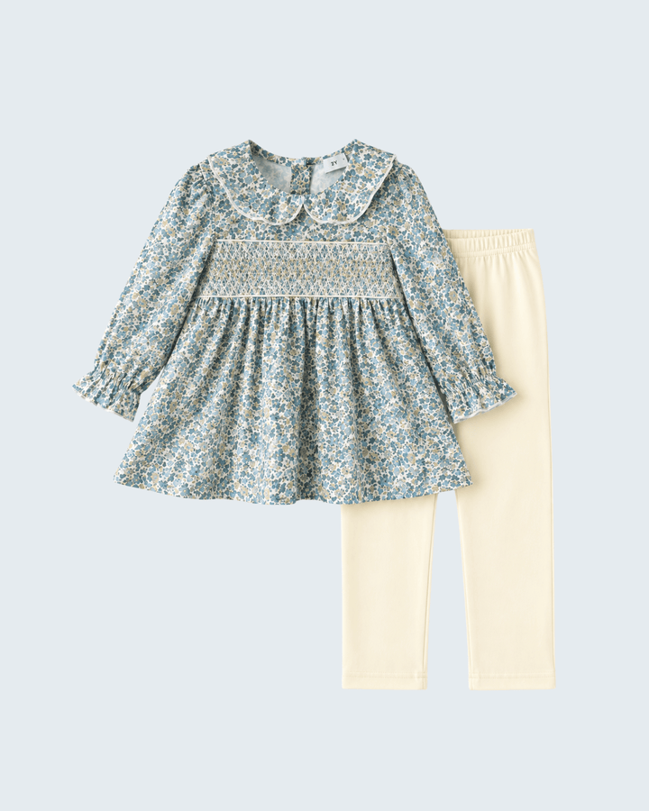 Floral long-sleeve tunic with smocking paired with solid cream leggings