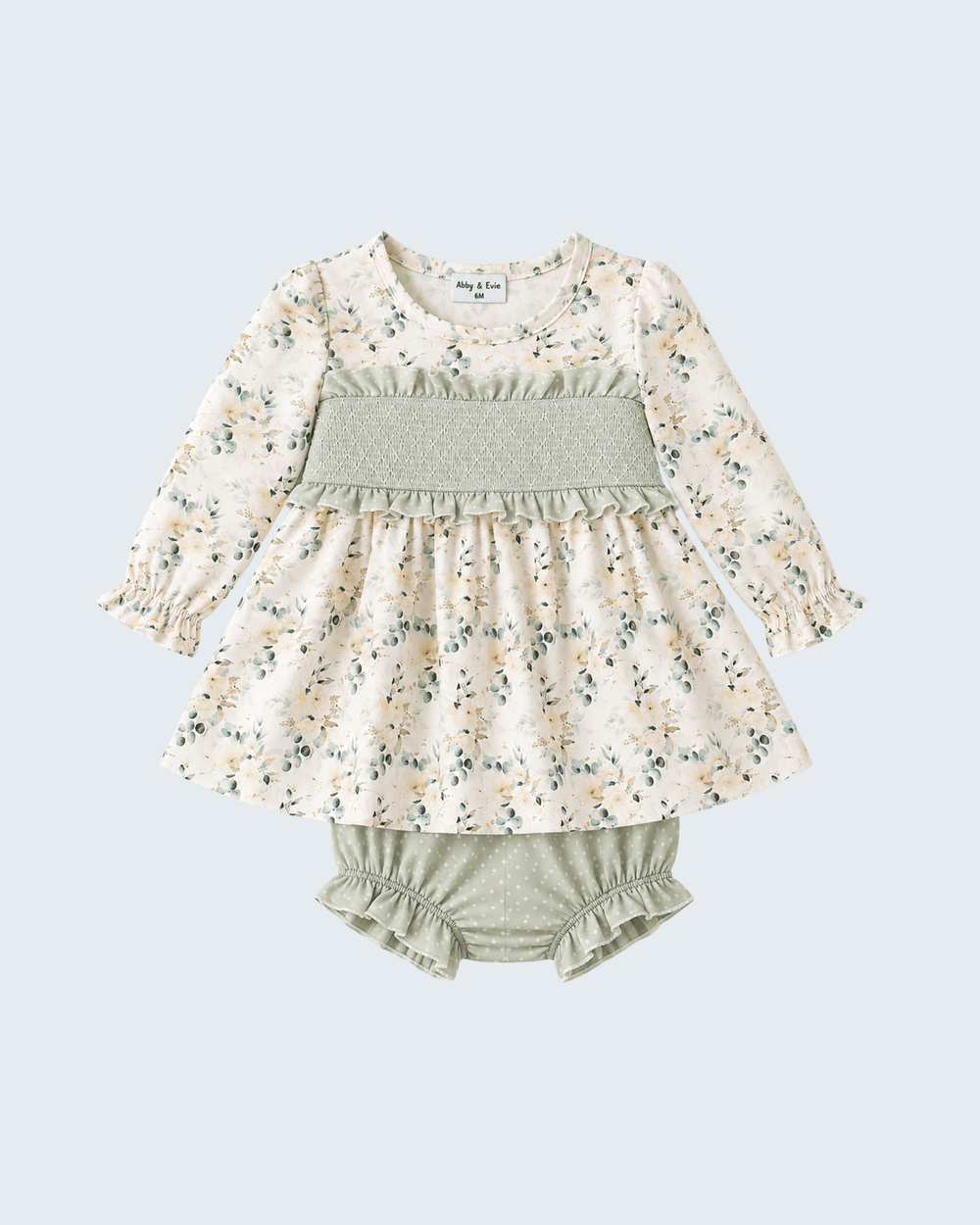 Floral smocked yoke dress with long sleeves and matching sage bloomers