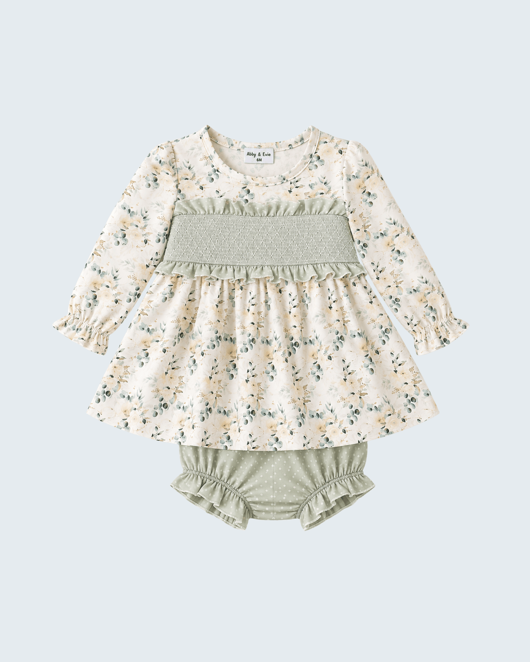 Floral smocked yoke dress with long sleeves and matching sage bloomers