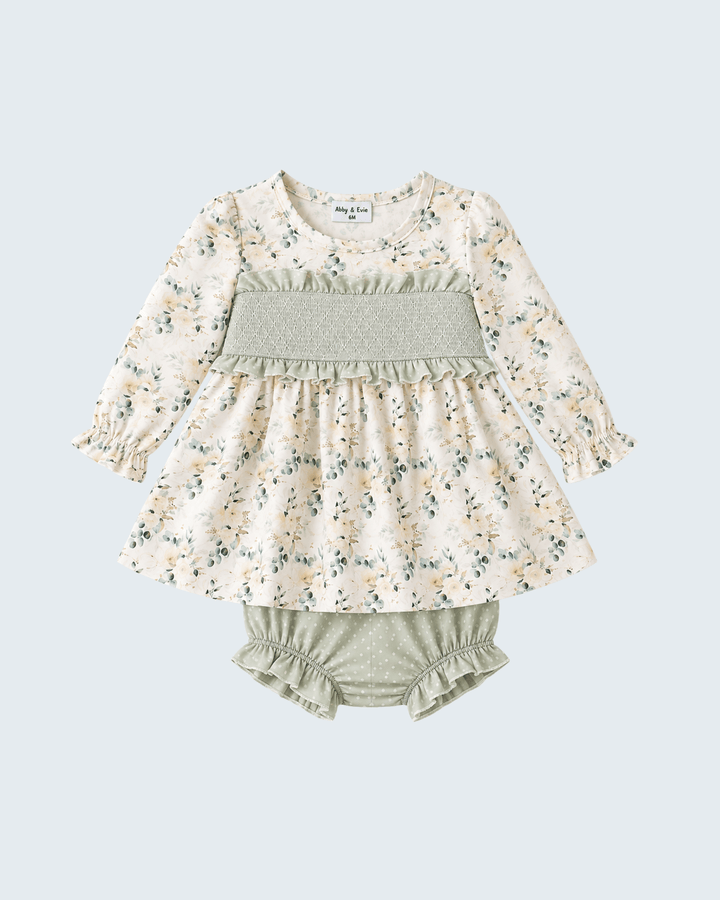 Floral smocked yoke dress with long sleeves and matching sage bloomers