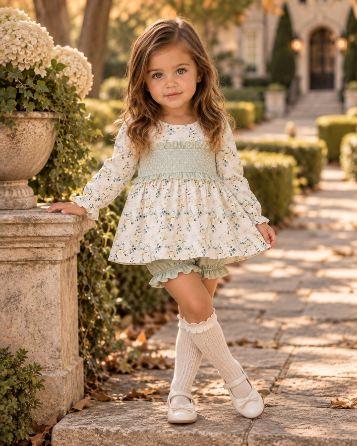 Girls floral ruffle dress with sage smocked yoke and matching bloomers, long sleeves