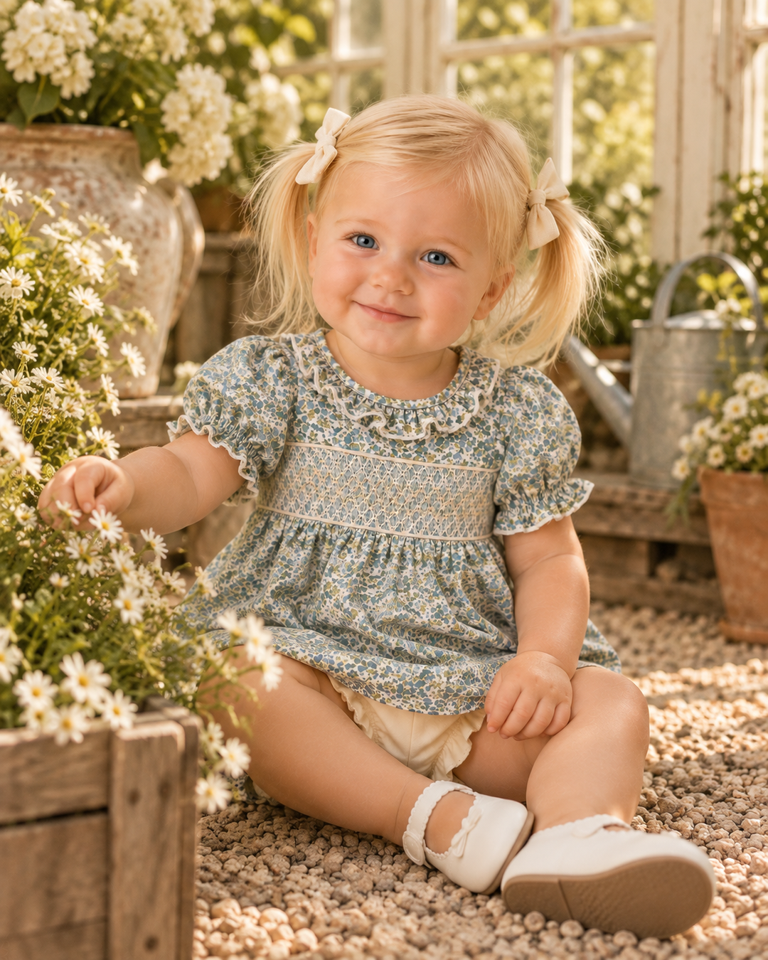 Toddler wearing blue floral ruffle dress with light yellow bloomers and white shoes