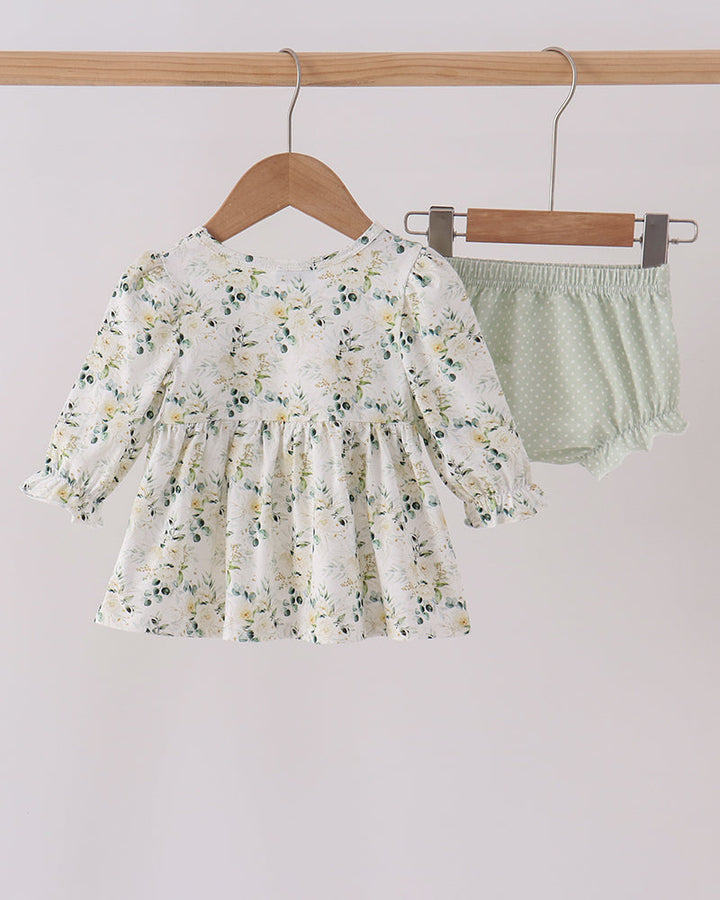 Floral ruffle dress with smocked yoke and matching sage bloomers set