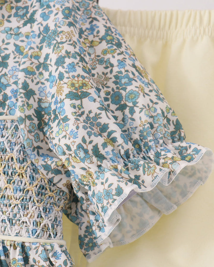 Blue floral ruffled short-sleeve baby dress with smocked waistband