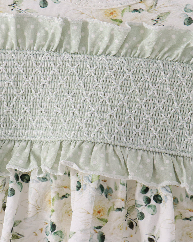 Smocked sage waistband and layered ruffle bloomers with ditsy floral print
