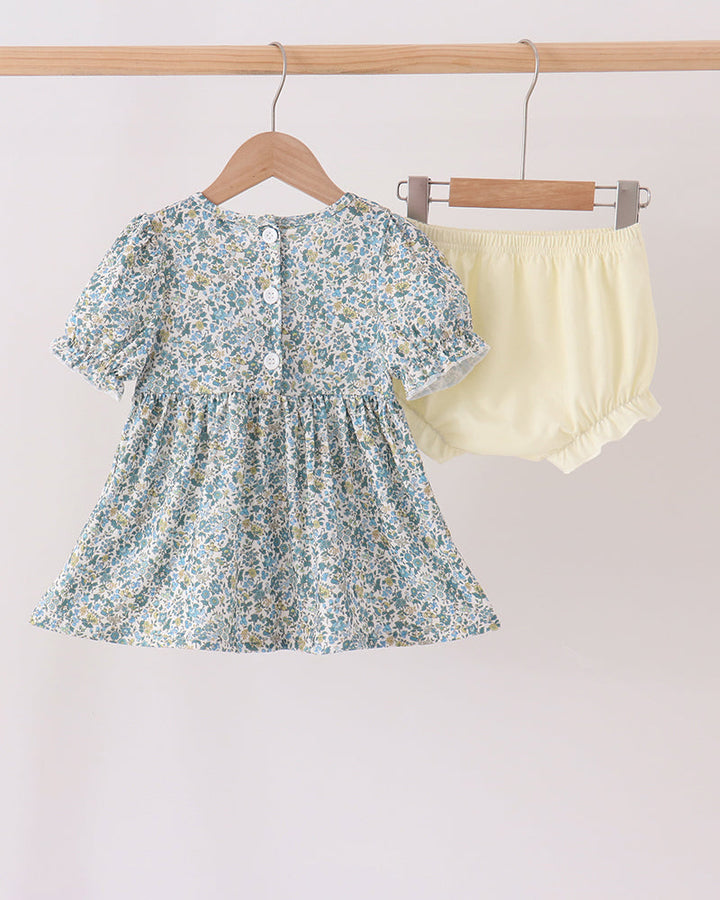 Baby floral ruffle dress top with light yellow smocked bloomer shorts set