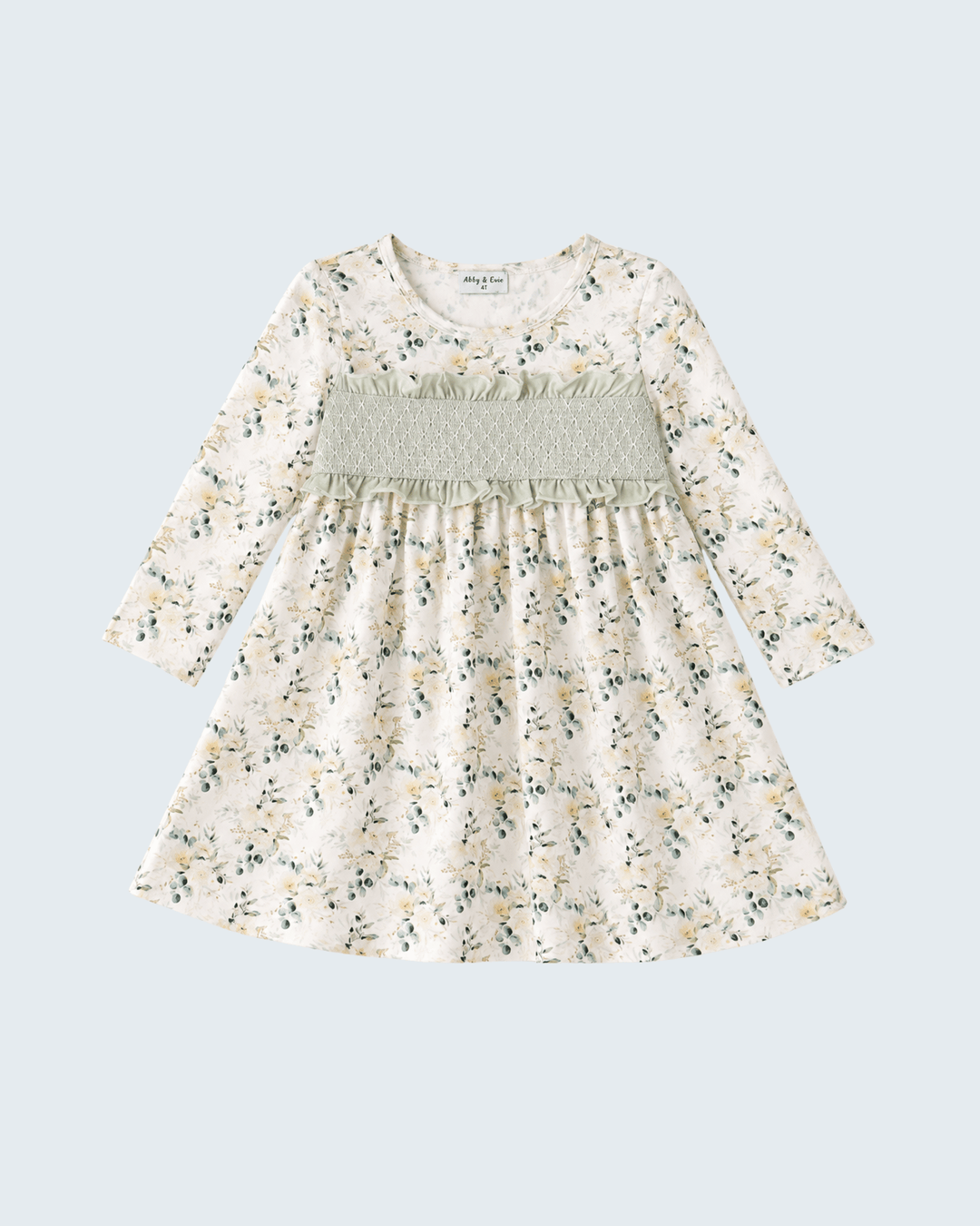 Sage floral smocked ruffle dress, cream print with smocked yoke and gathered skirt