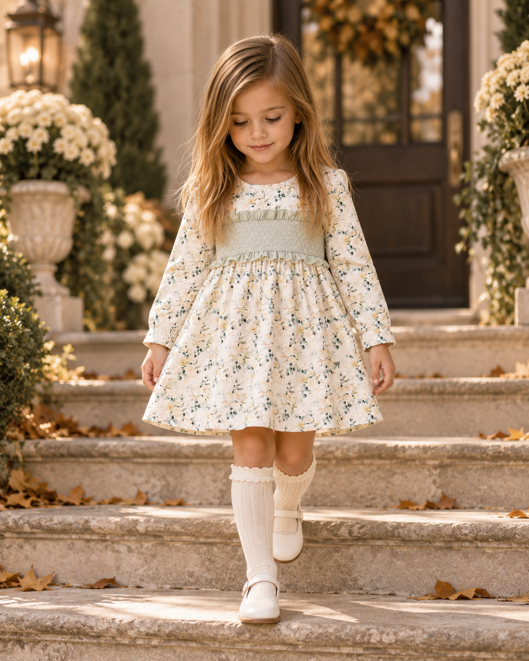 Sage floral smocked ruffle dress with long sleeves, gathered skirt, and waist ruffle