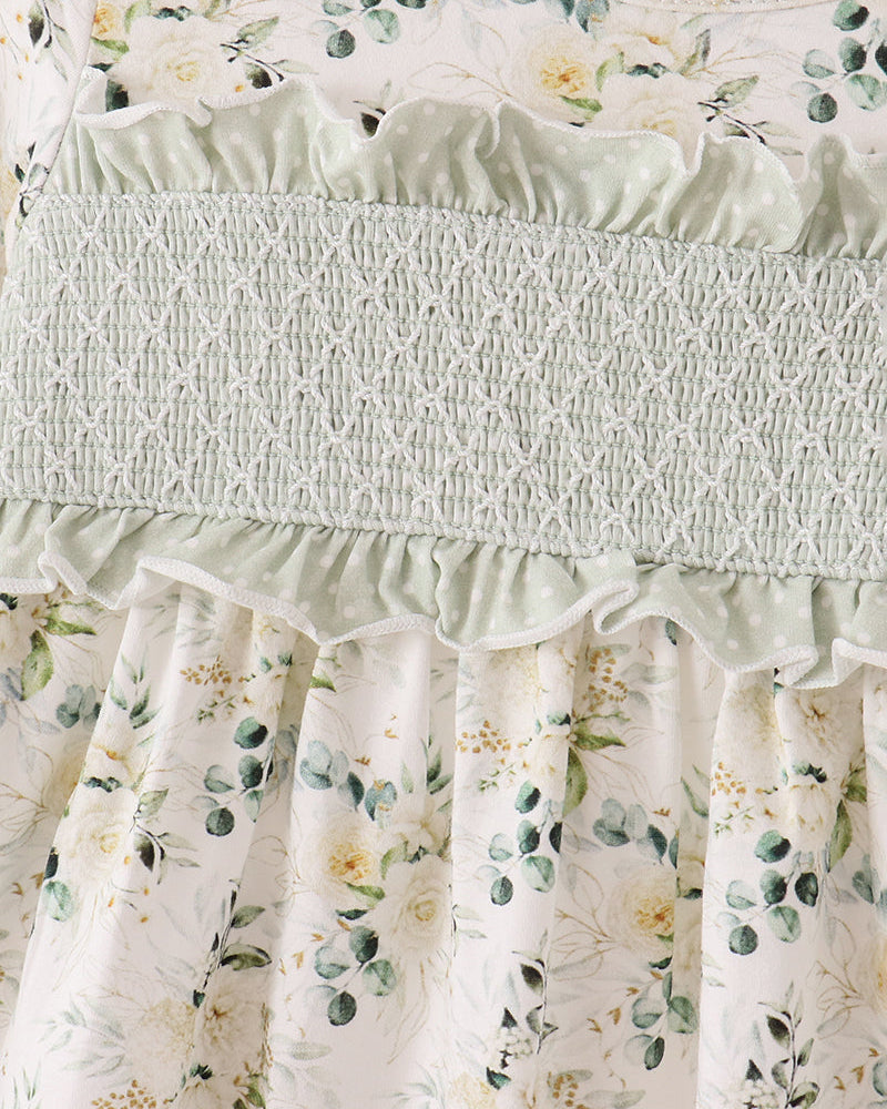 Cream floral dress bodice with smocked yoke and gathered ruffle at neckline
