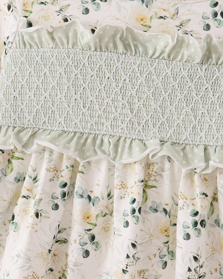 Cream floral dress bodice with smocked yoke and gathered ruffle at neckline