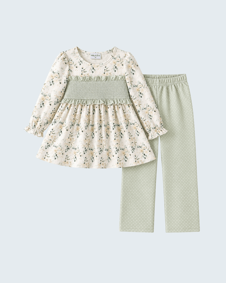 White floral ruffle tunic with sage dotted pants set