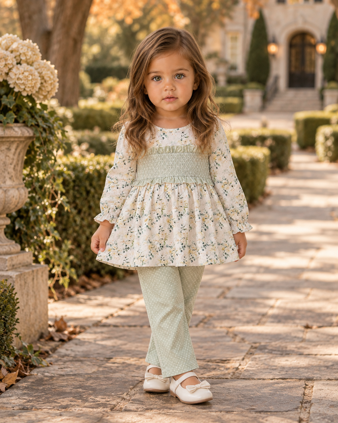 Child wearing white floral ruffle tunic and sage green dotted leggings