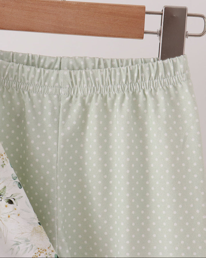 Sage green dotted pants with elastic waistband and smooth front panel