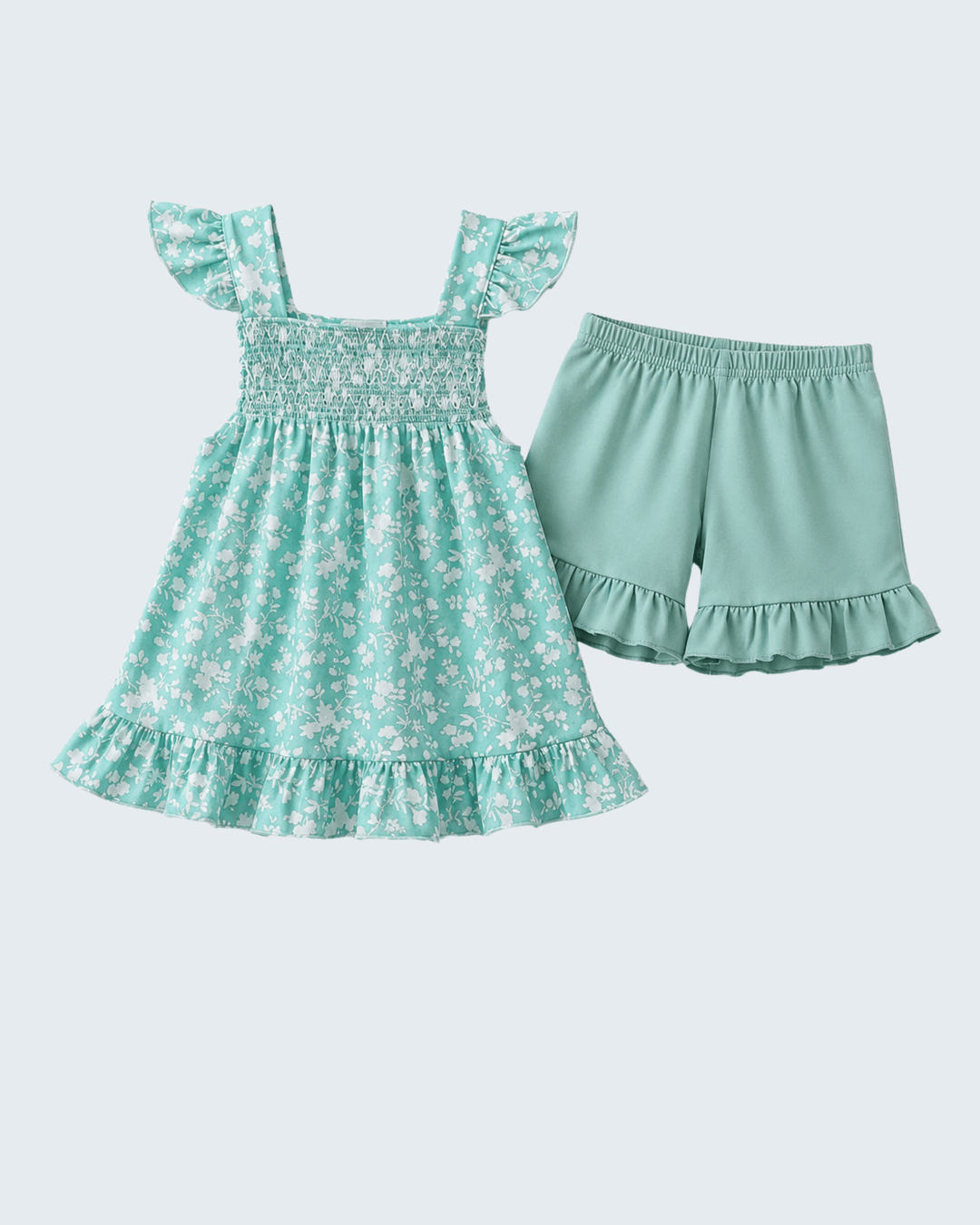Children's green floral dress and shorts set on a light blue background