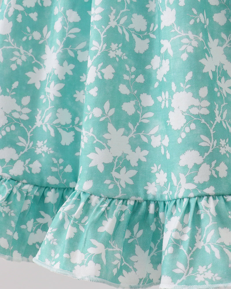 Teal fabric with white floral pattern on a plain background
