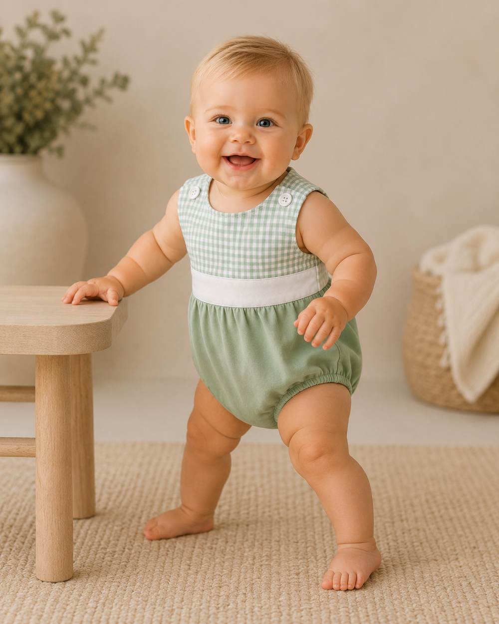 Baby in a green checkered romper standing on a beige carpet with a neutral background