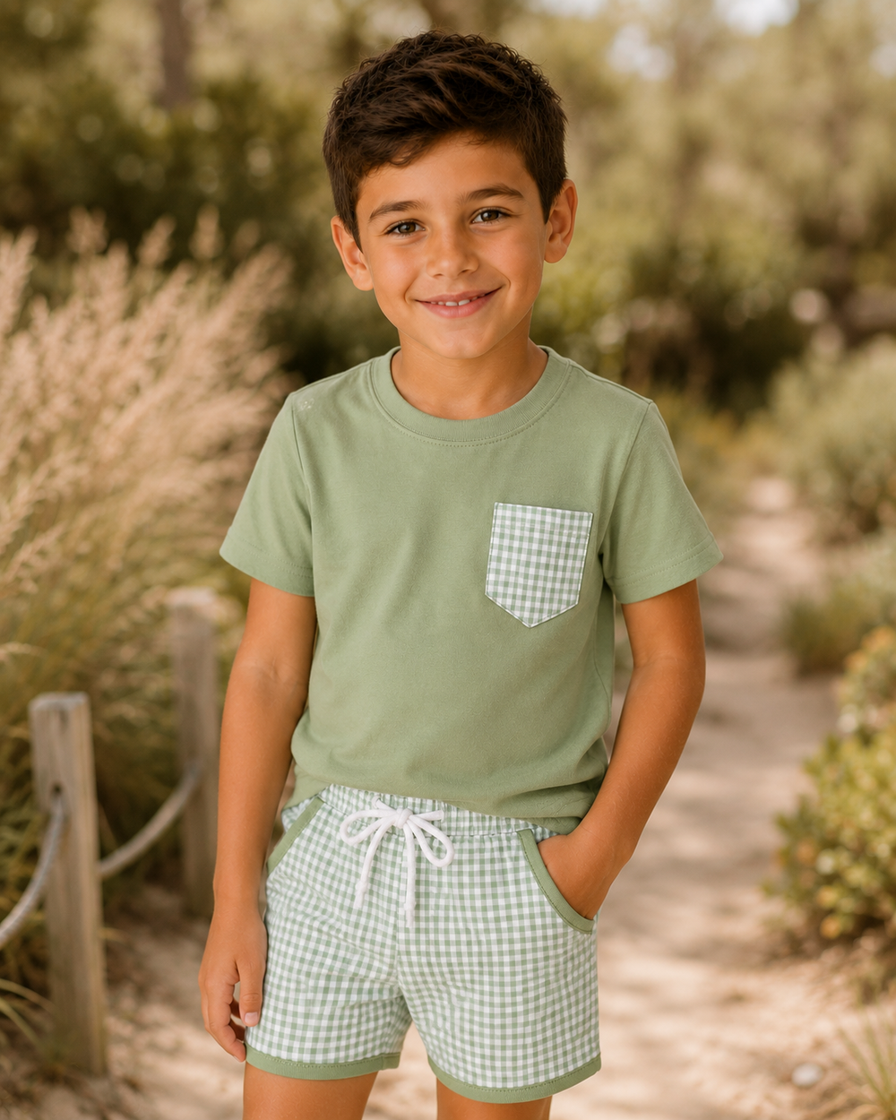 Young boy wearing a green t-shirt and checkered shorts standing outdoors.