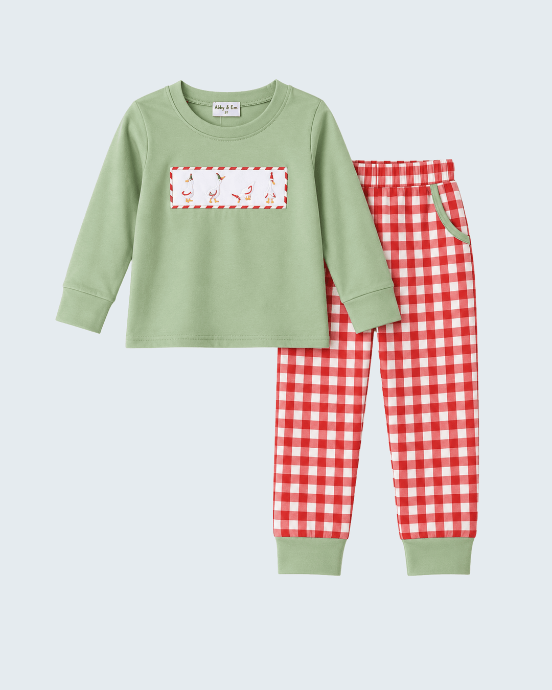 Mint green top with bird embroidery panel and red gingham cuffed pants set