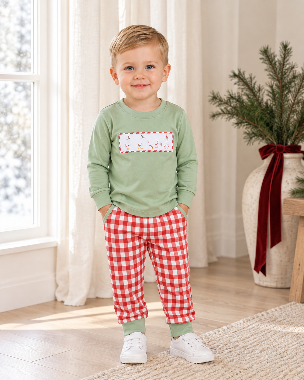 Kids pants set with mint green embroidered top and red white gingham joggers