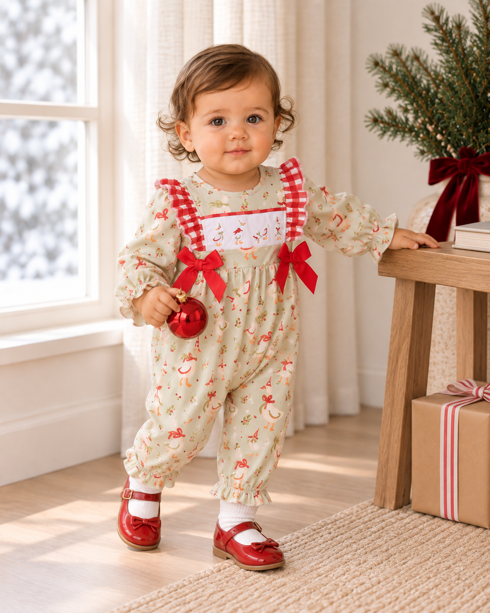 Baby wearing cream animal-print romper with red bow details and ruffled shoulders