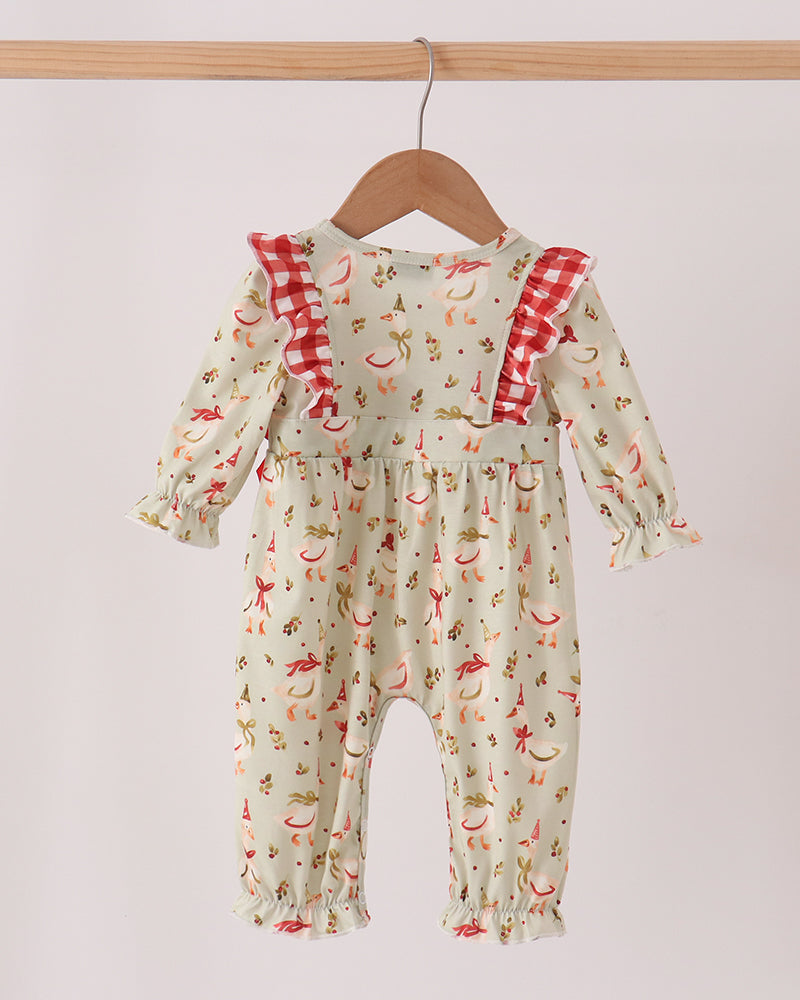 Cream baby romper with red check ruffle shoulders and gathered tiered design