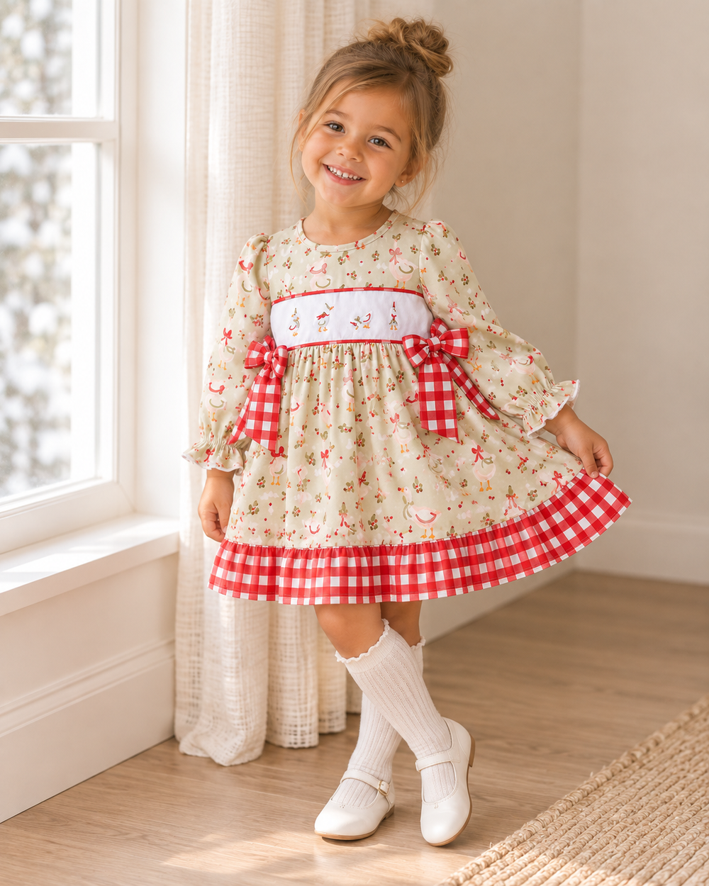 Girls' cream embroidered dress with red bow details, long sleeves, and red gingham hem