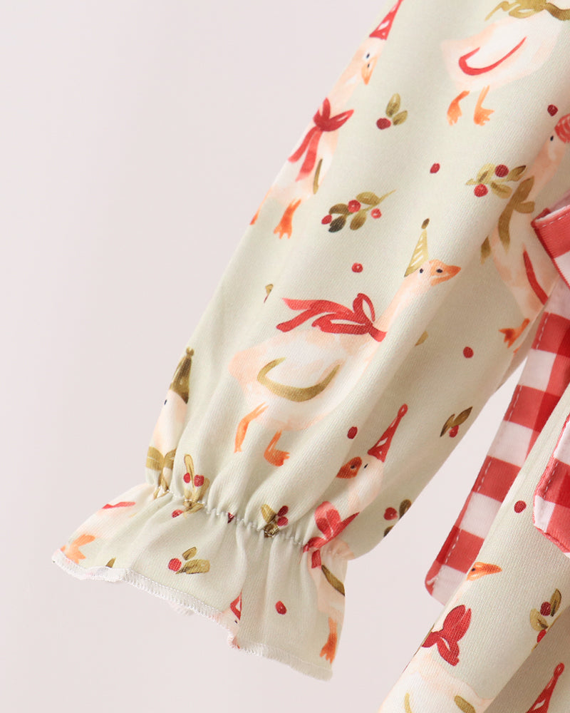 Cream embroidered gingham ruffle dress sleeve with gathered cuff and farm animal motifs