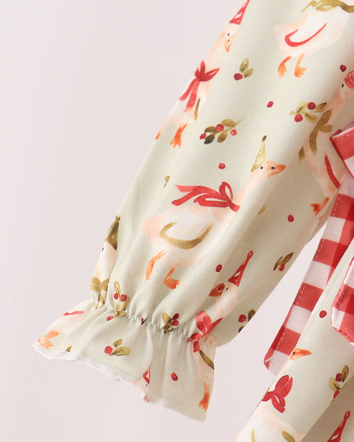 Cream embroidered gingham ruffle dress sleeve with gathered cuff and farm animal motifs