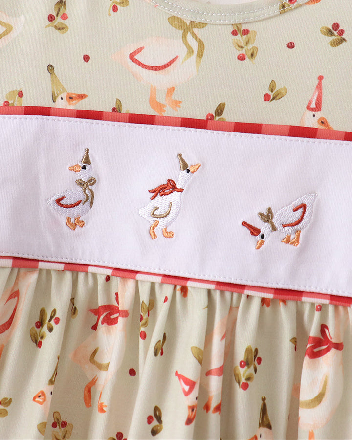 Kids embroidered ruffle gingham pants set: cream top with animal embroidery and red trim