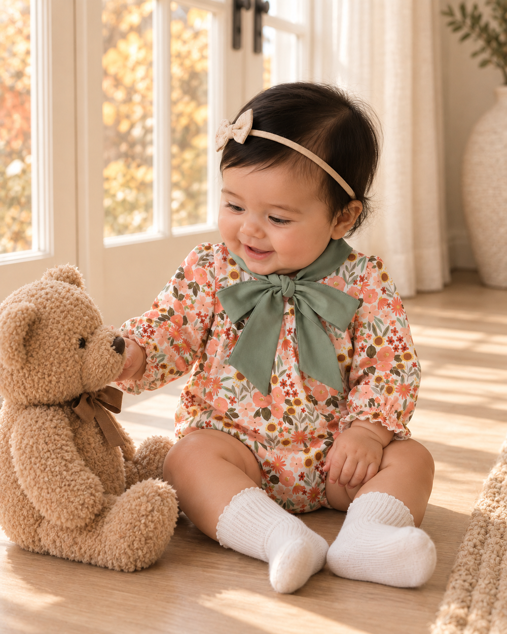 Baby floral bow bubble romper with sage green tie bow and long sleeves
