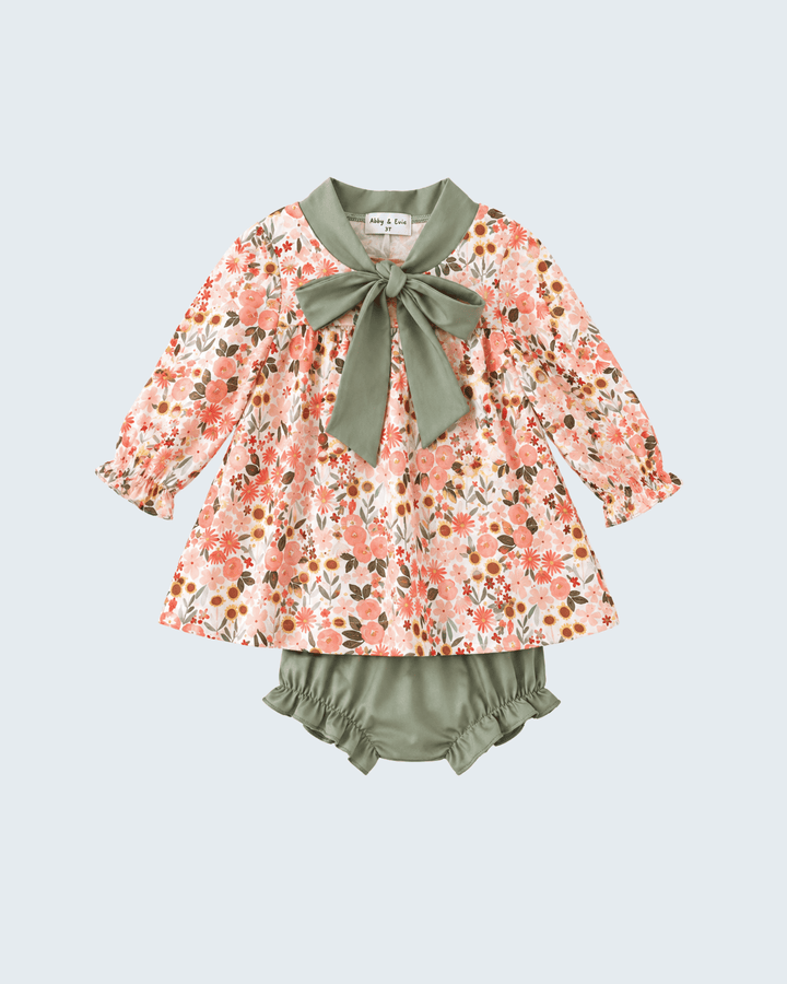 Sage floral bow ruffle bloomer set: long-sleeve dress with sage bow and bloomers