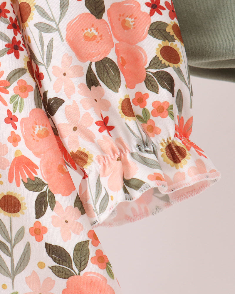 Floral baby dress sleeve ruffle cuff with green tie bow