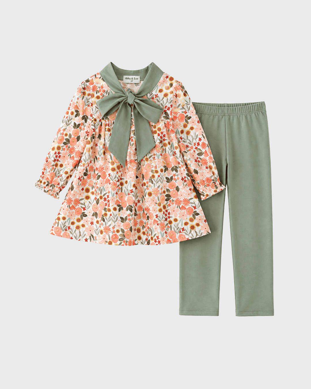 Floral tunic with sage bow and sage green pants set, long sleeve and elastic waist