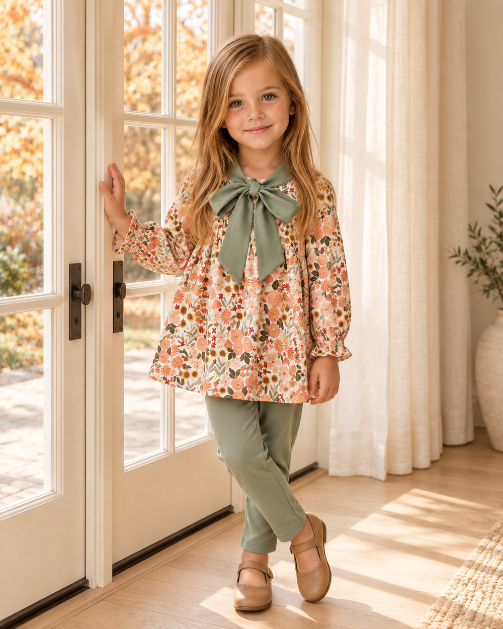 Girl wearing floral long-sleeve tunic with sage bow and sage green cropped pants