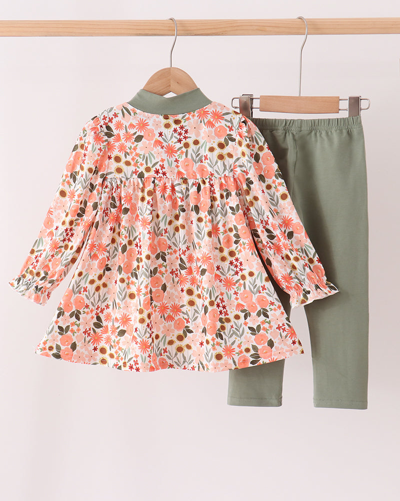 Floral bow dress top with olive green pants set
