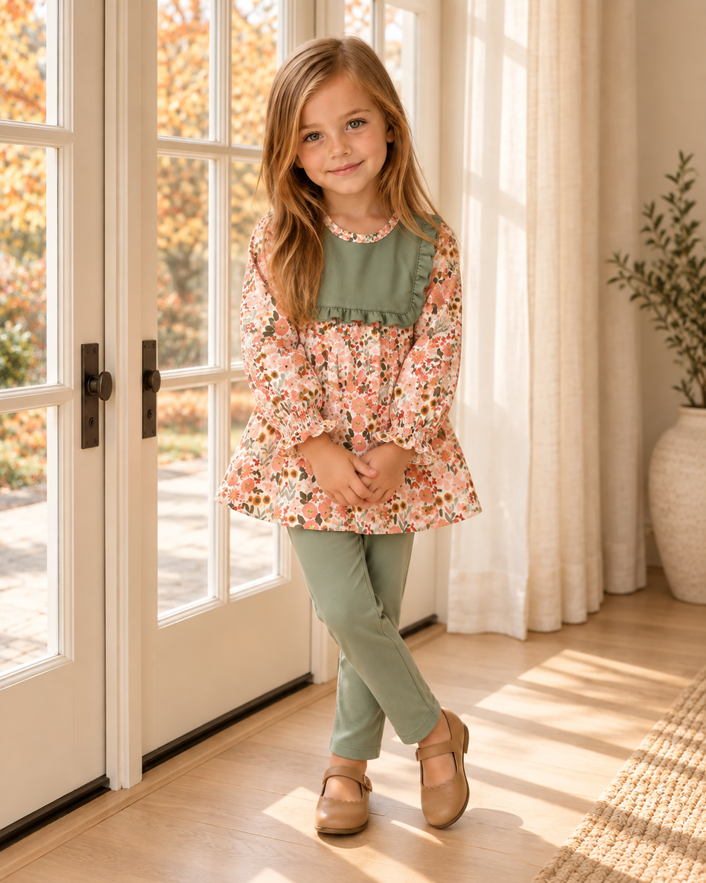 Girls' sage green floral ruffle tunic and matching pants outfit